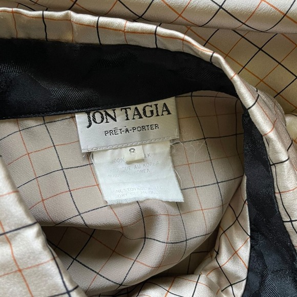 Vintage Jon Tagia Pret-a-porter Greige Black Orange Stripes Silk Blouse Size 8 - Picture 6 of 6